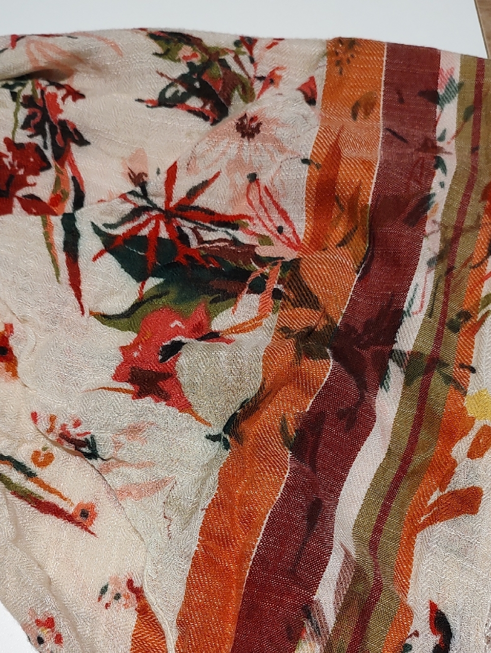 Cotton Blend Cream Orange Olive Stripe & Floral Scarf Boho Feminine Casual Soft